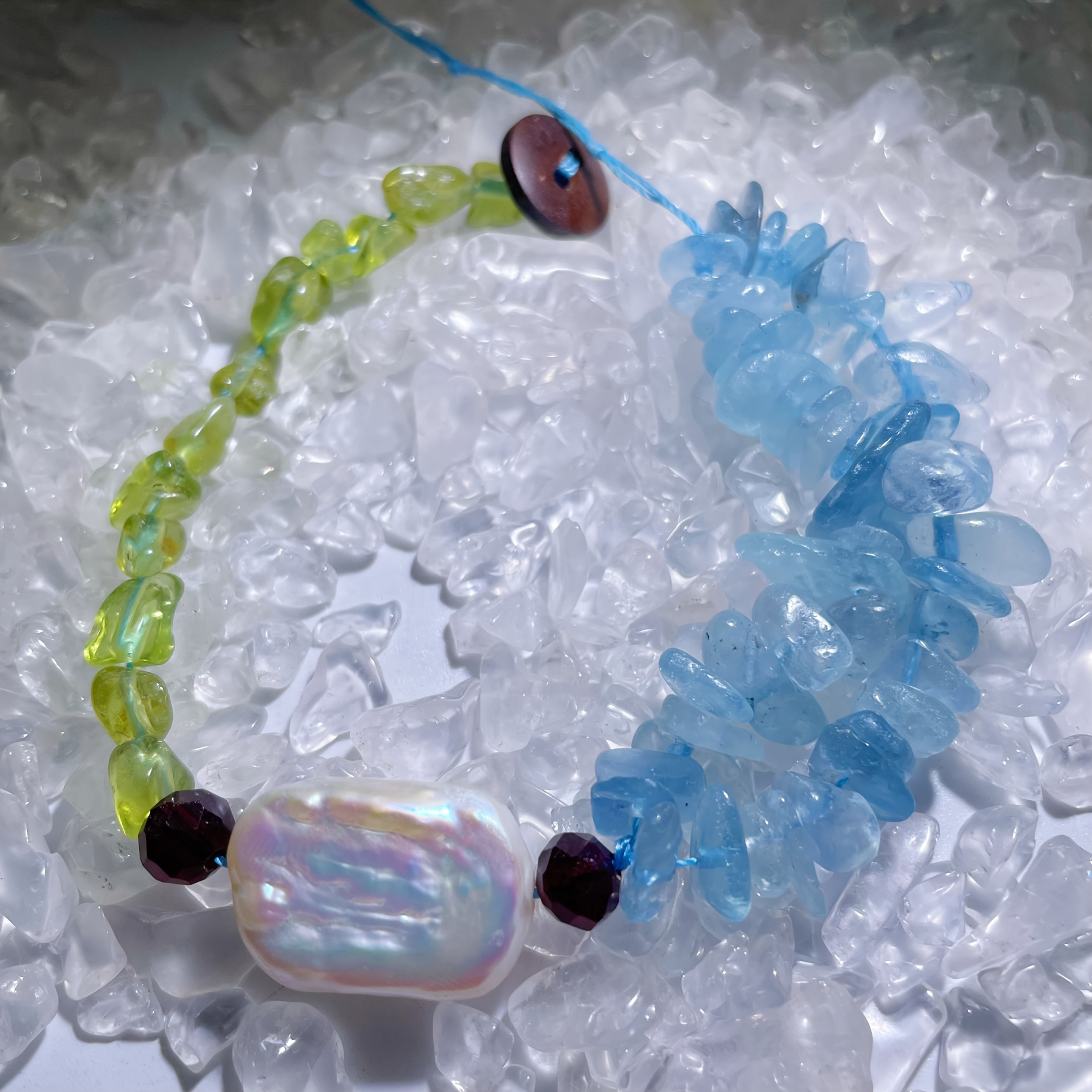 Handmade Adjustable Aquamarine & Peridot Bracelet, Y2K Boho Style